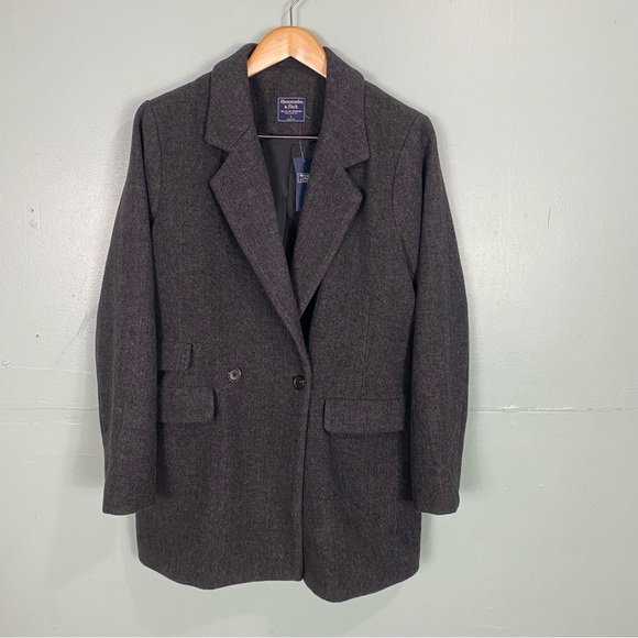 Abercrombie & Fitch‎ Wool Blend Double Breasted Coat Herringbone  L Pockets Gray - Picture 1 of 6